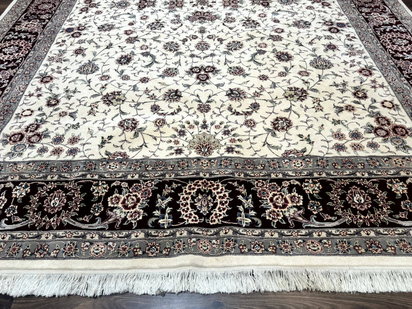 Sino Persian Rug 9x12, Floral Allover Design, 170 KPSI, Ivory and Dark Maroon