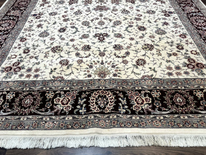 Sino Persian Rug 9x12, Floral Allover Design, 170 KPSI, Ivory and Dark Maroon