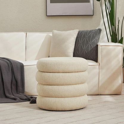 Beige Linen Upholstered Round Storage Ottoman Removable Lid