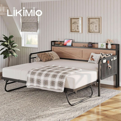 Twin Daybed With Trundle And Charging Station In Natural Wood
