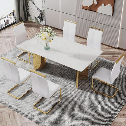 White Marble Dining Table 71 Inch Glass Top Gold Base