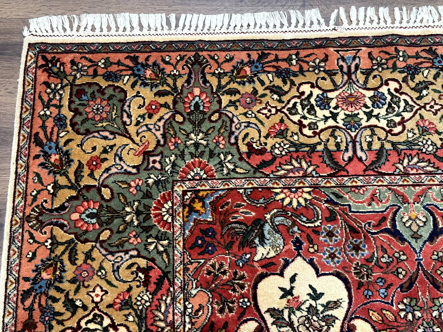 Antique Tabriz Persian Rug 7x10, Red Cream Tan, Unique Design, Fine 270 KPSI, Birds, Floral
