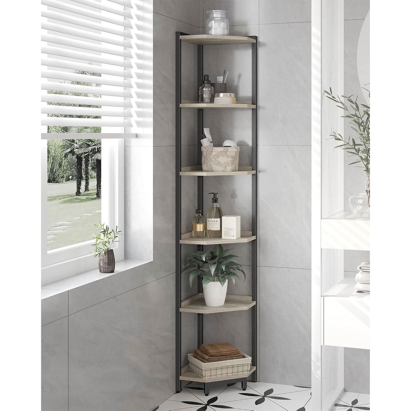6-Tier Greige Corner Shelf Stand For Living Room And Office