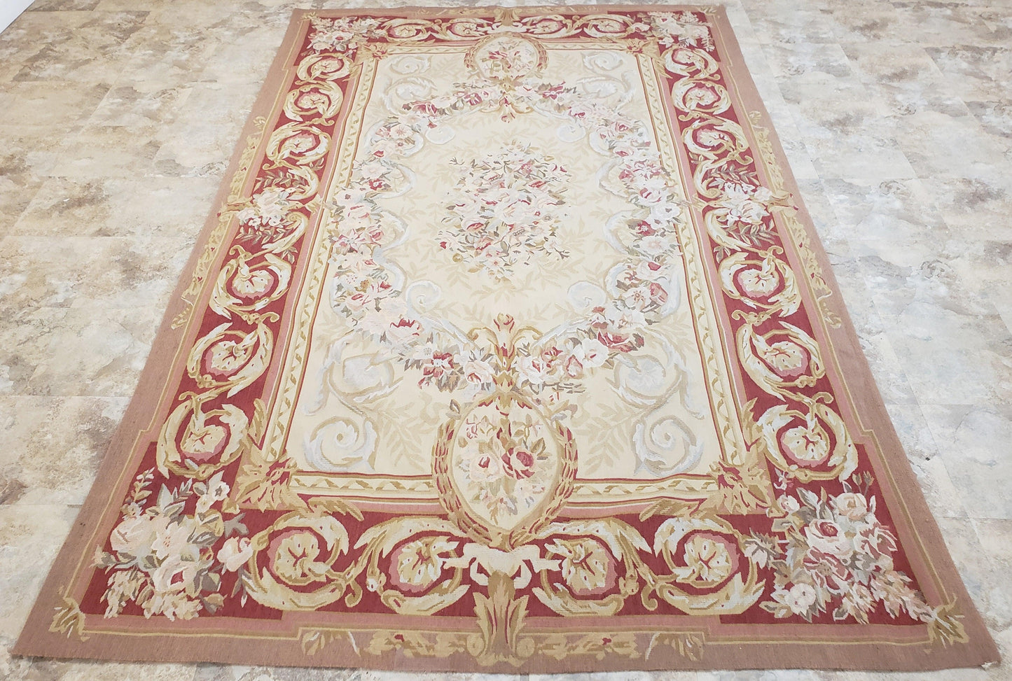 Aubusson Rug 6x9, Elegant Flatweave Rug, Aubusson Savonnerie 6 x 9 Flatweave Area Rug, Cream and Red, Wool Hand Woven Carpet, Medium Size