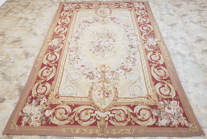 Aubusson Rug 6x9, Elegant Flatweave Rug, Aubusson Savonnerie 6 x 9 Flatweave Area Rug, Cream and Red, Wool Hand Woven Carpet, Medium Size