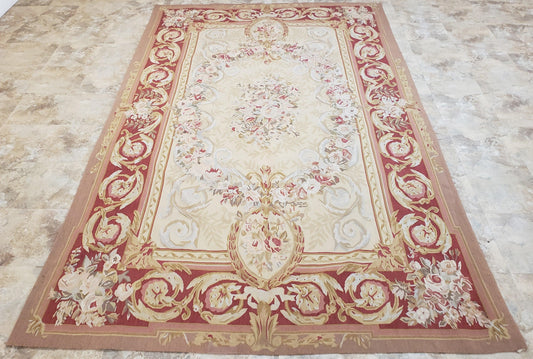 Aubusson Rug 6x9, Elegant Flatweave Rug, Aubusson Savonnerie 6 x 9 Flatweave Area Rug, Cream and Red, Wool Hand Woven Carpet, Medium Size