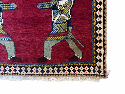 3 X 6 Handmade Wool Rug Tribal Balouch Warriors Deer Animal Pictorial Red Swords