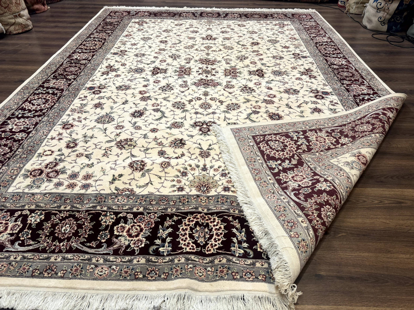 Sino Persian Rug 9x12, Floral Allover Design, 170 KPSI, Ivory and Dark Maroon