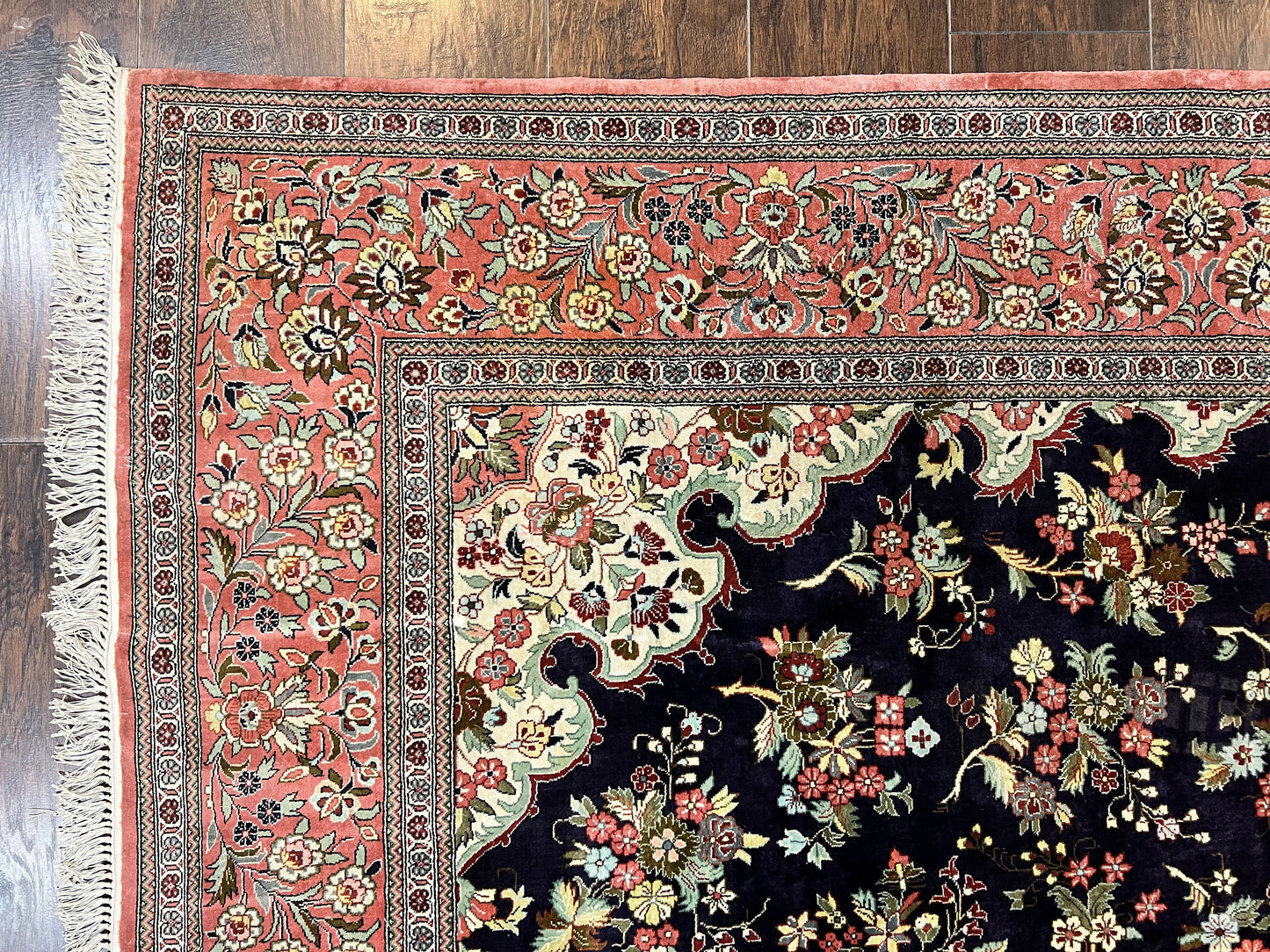 Stunning Silk Persian Qum Rug 7x9, Finely Hand Knotted Navy Blue & Salmon Floral Medallion Authentic Oriental Carpet, Vintage Handmade Silk Ghom Rug, Silk on Silk