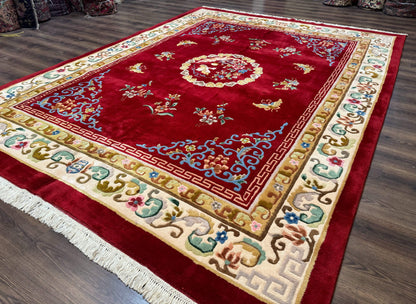 Indo Chinese Wool Rug 9x12, Red Art Deco Carpet, Vintage
