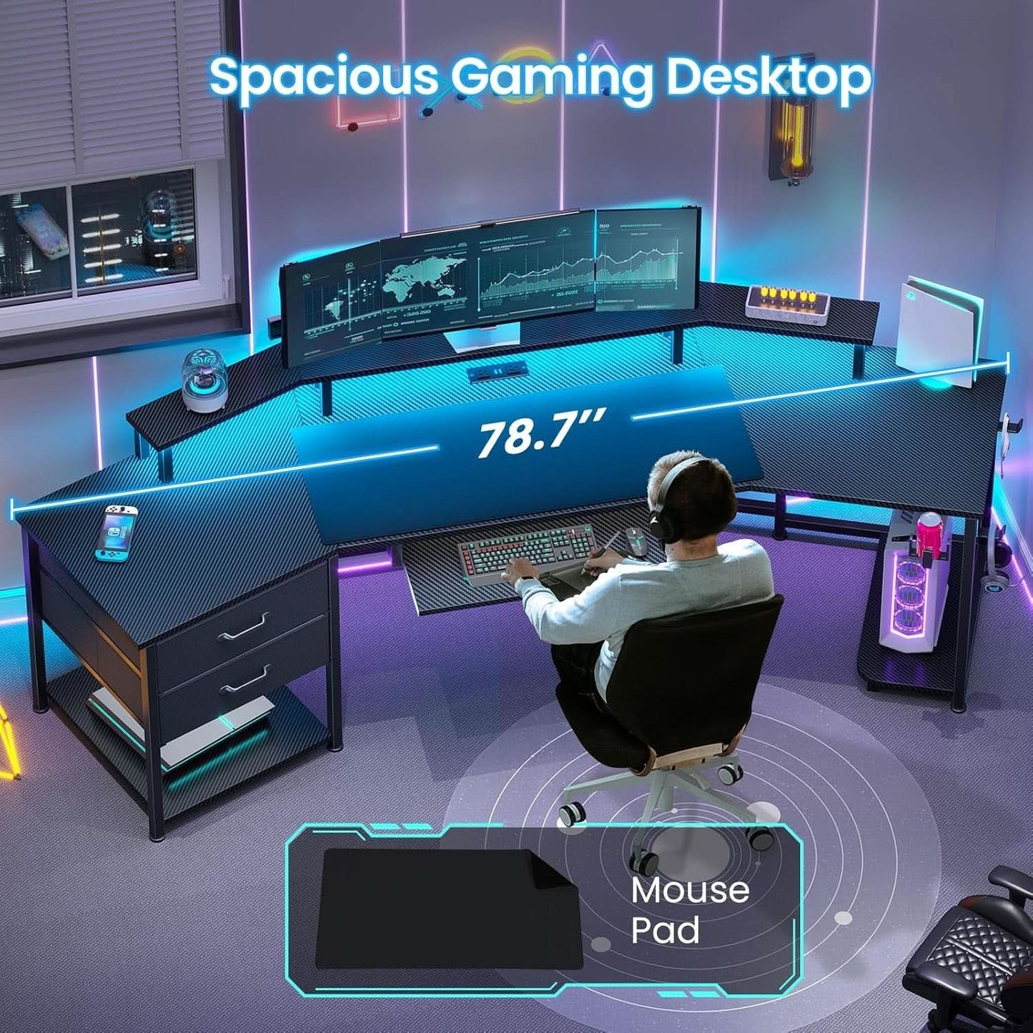 79 Inch Gaming Desk With LED Lights And Storage