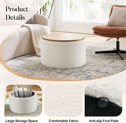 Circular Storage Ottoman With Wooden Lid Upholstered
