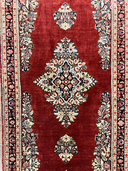 Persian Sarouk Runner Rug 2.7 x 6, Semi Open Field, Red, Handmade Hand Knotted, Wool Oriental Carpet, Vintage Semi Antique