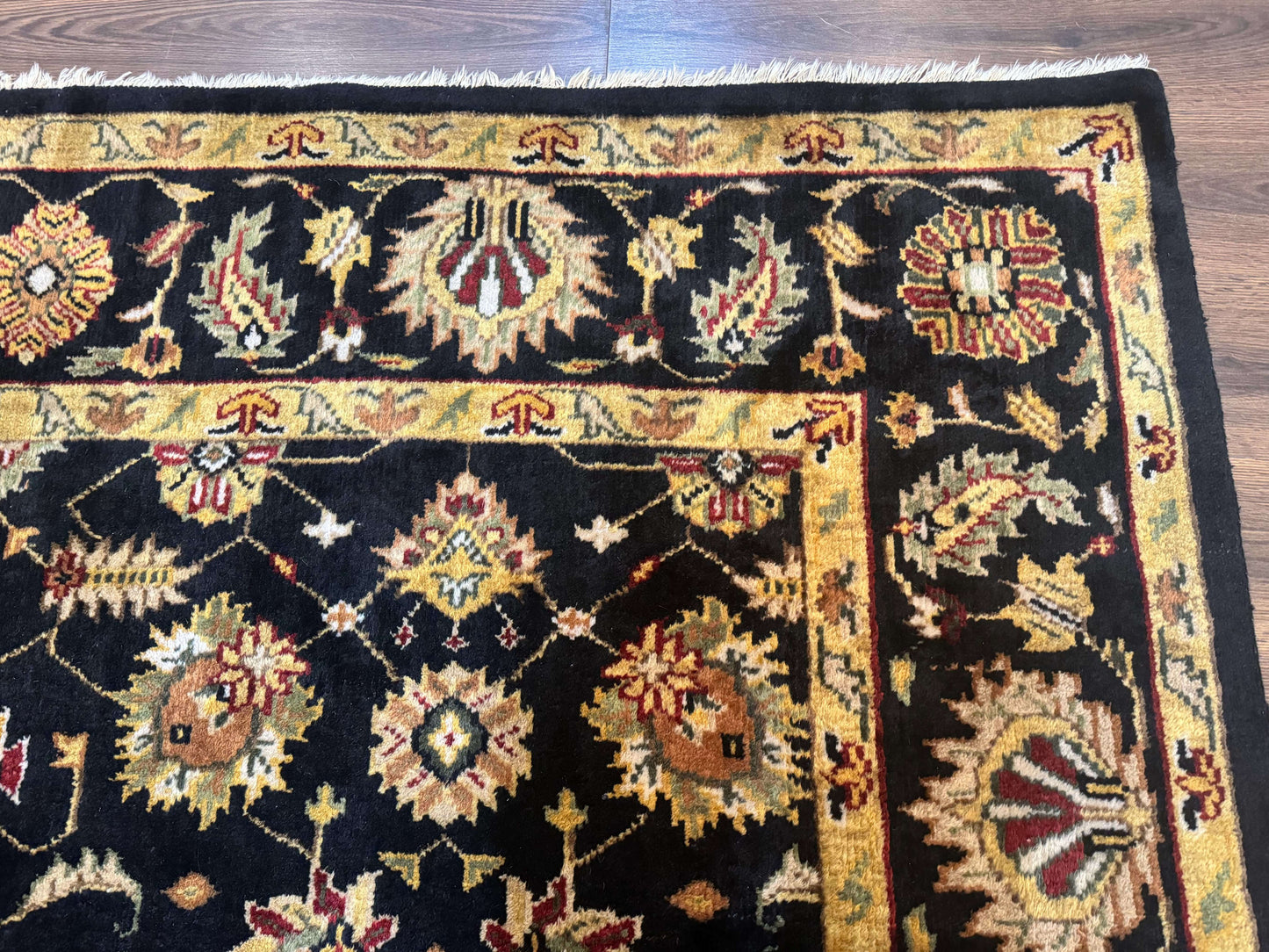 Indo Persian Mahal Rug 8x10, Black and Gold, Wool Hand Knotted Oriental Carpet