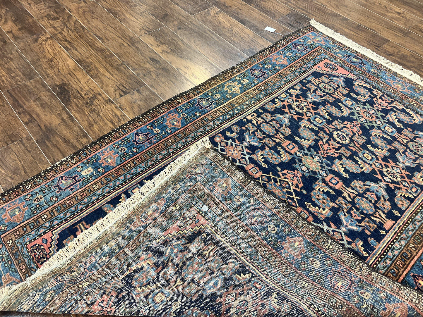 Antique Persian Tribal Rug 5x7, Navy Blue & Pink, Hand Knotted Handmade 1920s Wool Rug, Allover Pattern, Persian Hamadan Rug