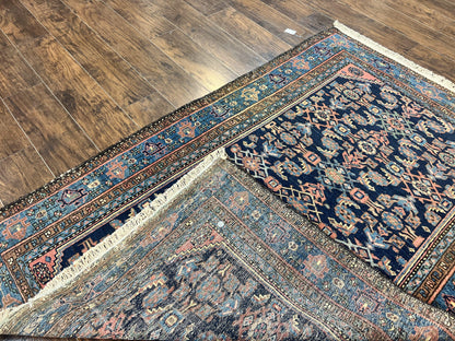 Antique Persian Tribal Rug 5x7, Navy Blue & Pink, Hand Knotted Handmade 1920s Wool Rug, Allover Pattern, Persian Hamadan Rug