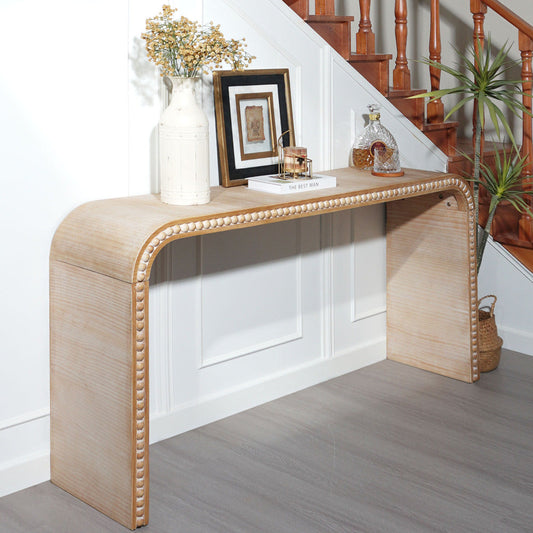 Waterfall Console Table with Wood Bead Trim 59" Curved Entryway Sofa Table Natural Wood Finish