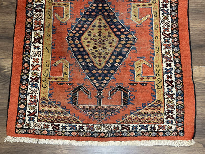 Rare Persian Tribal Runner Rug 3 x 11, Sarab Serab Persian Runner, Antique 1920s Collectible Geometric Medallions Oriental Wool Runner, Hand Knotted, Bright Orange-Red