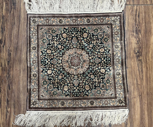 Sino Persian Silk Rug 2x2 ft, Very Fine High KPSI Small Silk Oriental Carpet, Hand-Knotted, Medallion, Vintage Silk Rug, Black Ivory/Cream