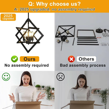 18 Inch Black Geometric Industrial Farmhouse Chandelier With 4 Lights Adjustable Height