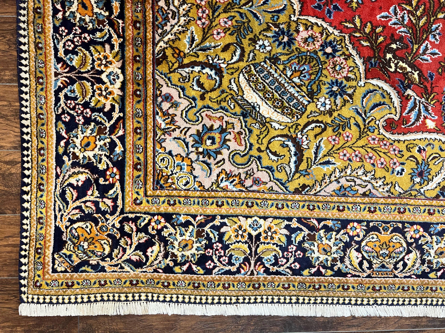 Wonderful Persian Qum Rug 10x14, Wool w/ Silk Highlights, Hand Knotted Semi Antique Vintage Carpet, Red, Floral, Fine Weave, Birds Deer Pictorials