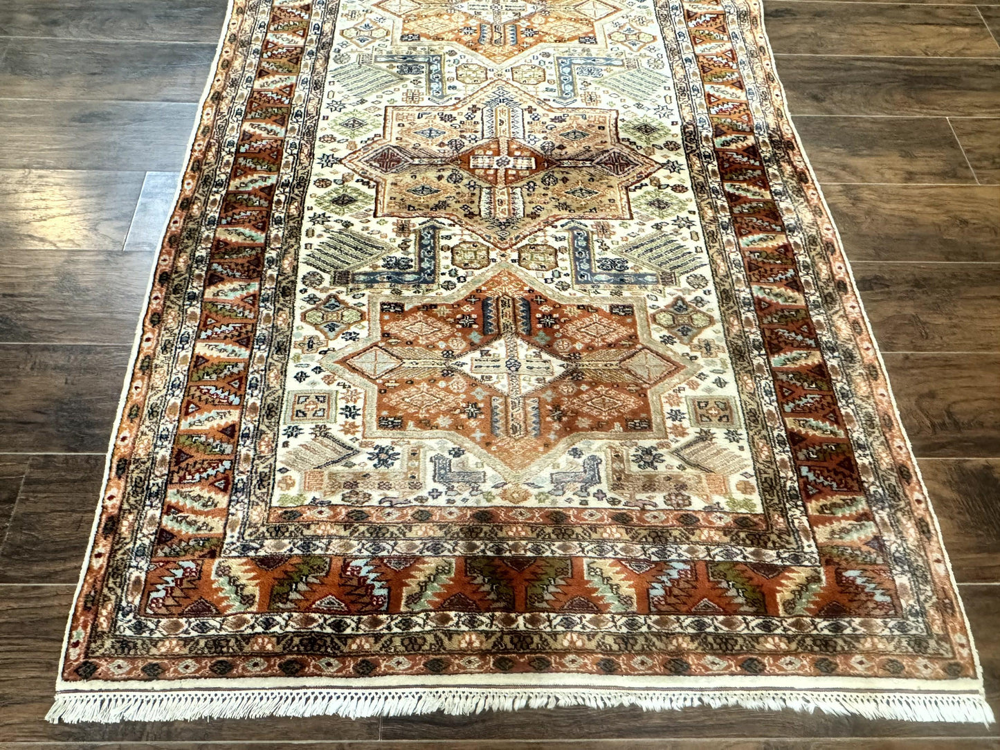 Turkish Kazak Rug 4x6, Geometric Medallions, Vintage Handmade Wool Carpet