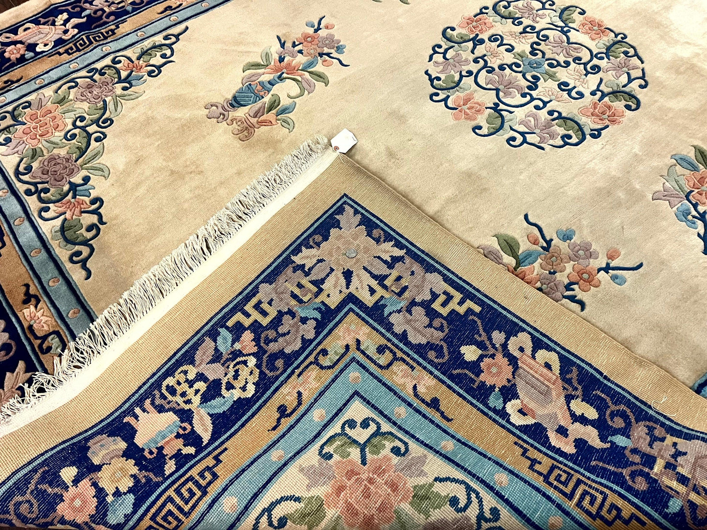 Chinese Wool Rug 8x11, Peking Asian Oriental Carpet, Cream/Ivory and Blue, Vintage Handmade Rug, Art Deco Rug