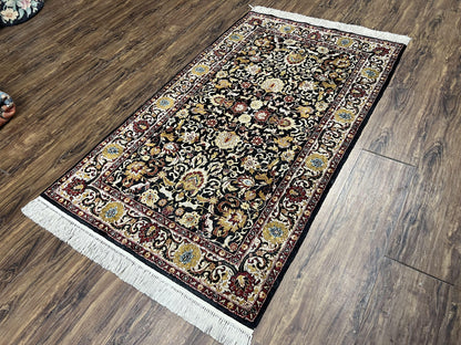 Sino Persian Silk Rug 3x5 Oriental Carpet 3 x 5 Fine Silk Rug, Black Ivory Gold, Animal Motifs, Flowers, High Quality, Vintage Silk Rug Wow