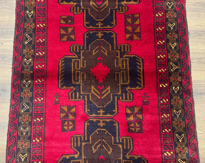 Red Afghan Balouch Rug 4x7, Triple Medallions, Handmade, New