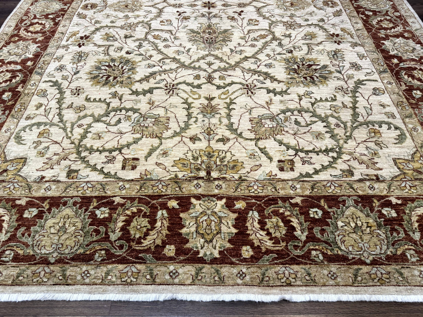 Pakistani Rug 9x12, Floral Allover Peshawar Carpet, Chobi, Beige and Rust Red, Traditional