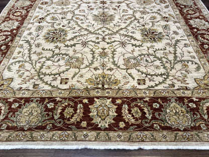 Pakistani Rug 9x12, Floral Allover Peshawar Carpet, Chobi, Beige and Rust Red, Traditional