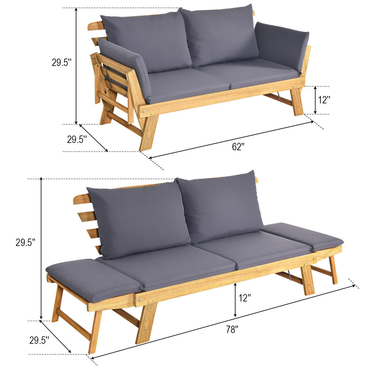 Adjustable Patio Convertible Sofa with Thick Cushion