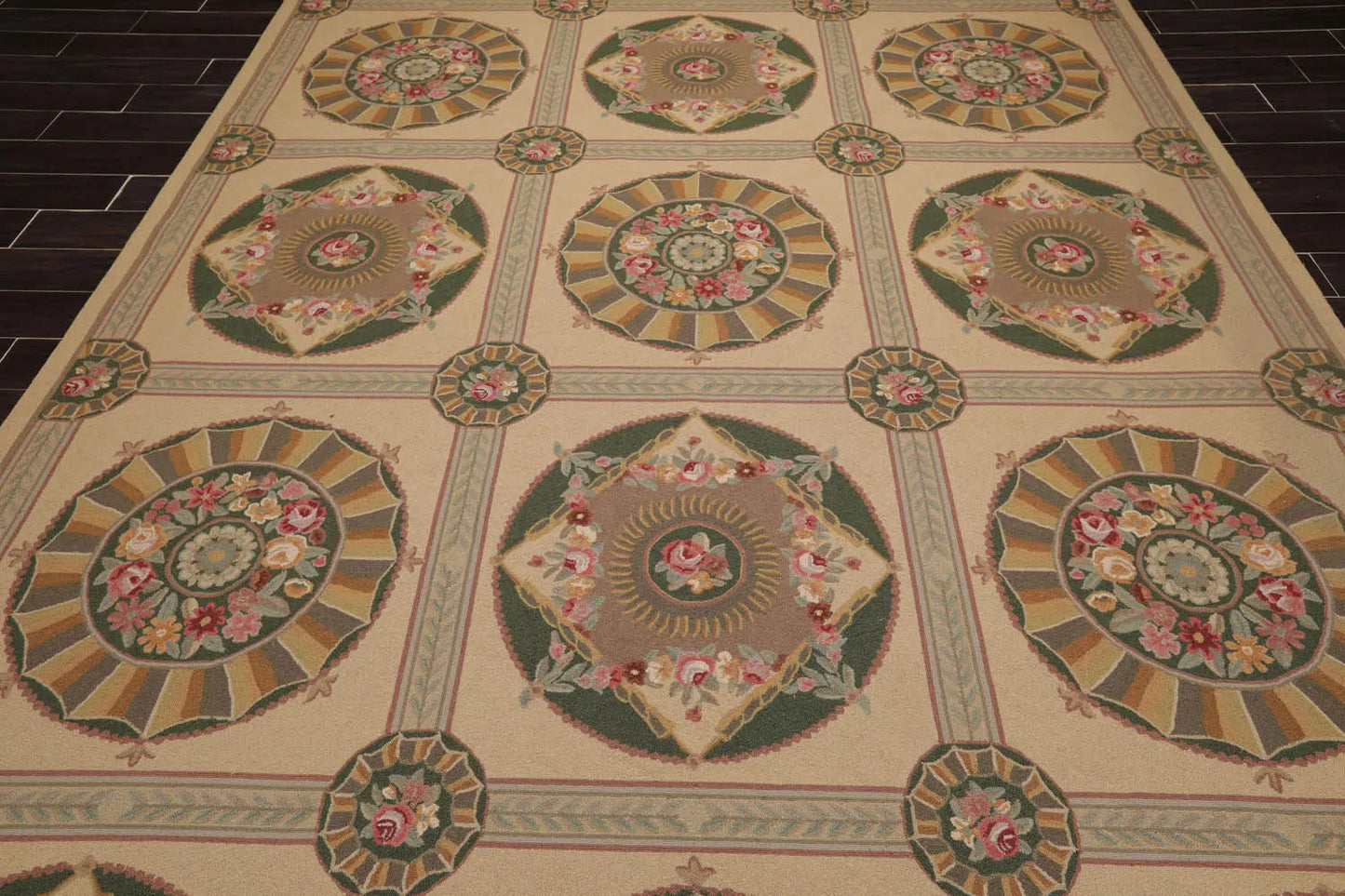 9x12 Beige Hand Hooked 100% Wool Traditional French Aubusson Oriental Area Rug
