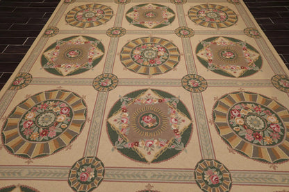 9x12 Beige Hand Hooked 100% Wool Traditional French Aubusson Oriental Area Rug