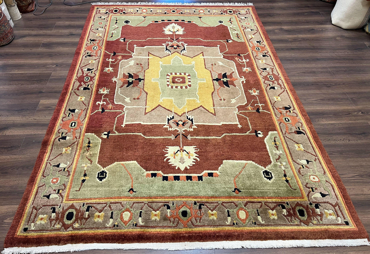 Tibetan Rug 7x10, Geometric Medallion, Red Green Taupe, Hand Knotted, Soft Wool Area Rug, Contemporary Carpet, Handmade Nepali Rug 7 x 10 ft