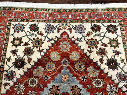 Indo Persian Heriz Rug 7x9, Geometric Pattern, Cream & Light Red, Handmade Vintage Wool Carpet