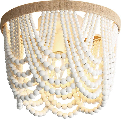 Three Light White Wood Bead Bohemian Chandelier Handmade