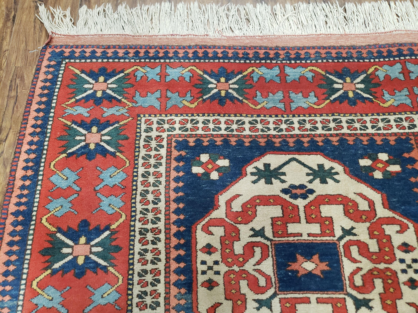 Turkish Kazak Rug 5x6 Vintage Handmade Wool Carpet Geometric Blue Red