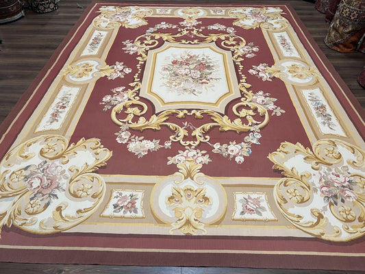 Aubusson Rug 9x12, Red Ivory Gold Tan, Handmade Hand Woven Aubusson Savonnerie Carpet, Vintage Flatweave Room Sized Aubusson Area Rug 9 x 12