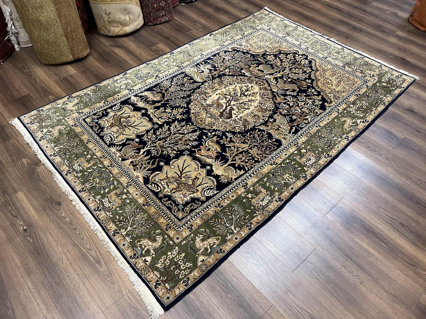 Wonderful Persian Qum Rug 6x9, Animal Pictorials, Tree of Life, Deer Birds, Hand Knotted Oriental Ghom Carpet, Semi Antique Vintage, Navy Blue Green