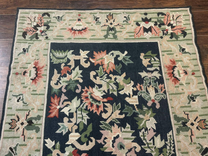 Vintage American Needlepoint Rug 4x6, Dark Green, Wool, Handmade, Flatweave Carpet