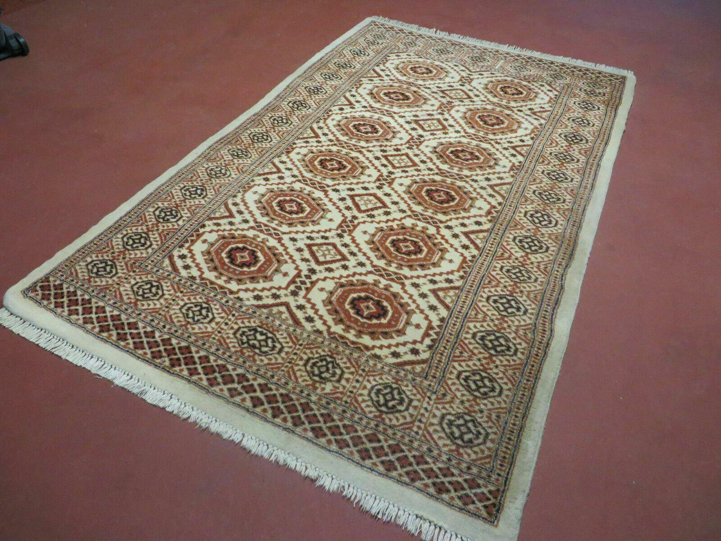 4' X 7' Vintage Handmade Pakistani Turkoman Bokhara Balouch Woven Wool Rug Ivory