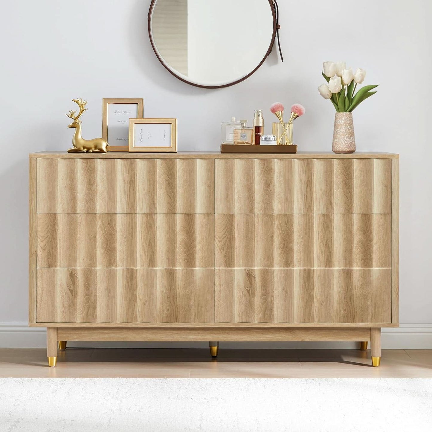 Fluted Six Drawer Dresser Walnut Finish FiftyThreeInchWide