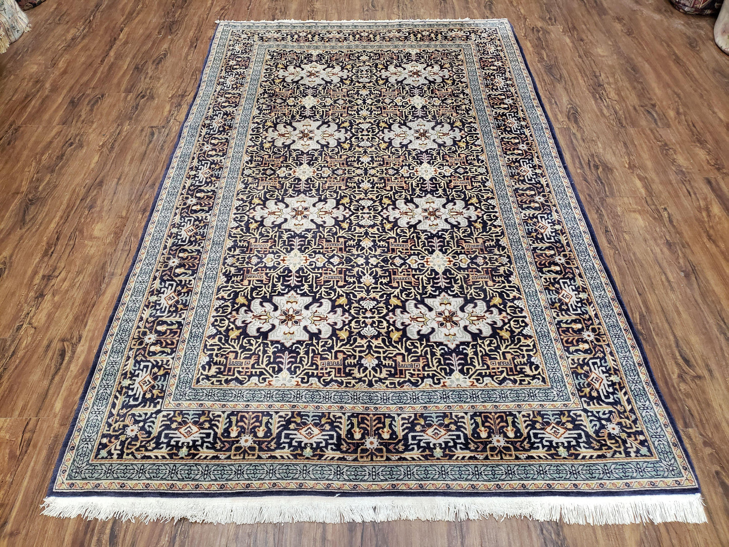 Semi-Antique Persian Kashan Rug, Midnight Blue & Ivory, Hand-Knotted, Wool, 4' 8" x 7' 4", Pair A