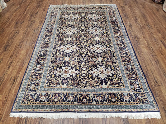 Semi-Antique Persian Kashan Rug, Midnight Blue & Ivory, Hand-Knotted, Wool, 4' 8" x 7' 4", Pair A
