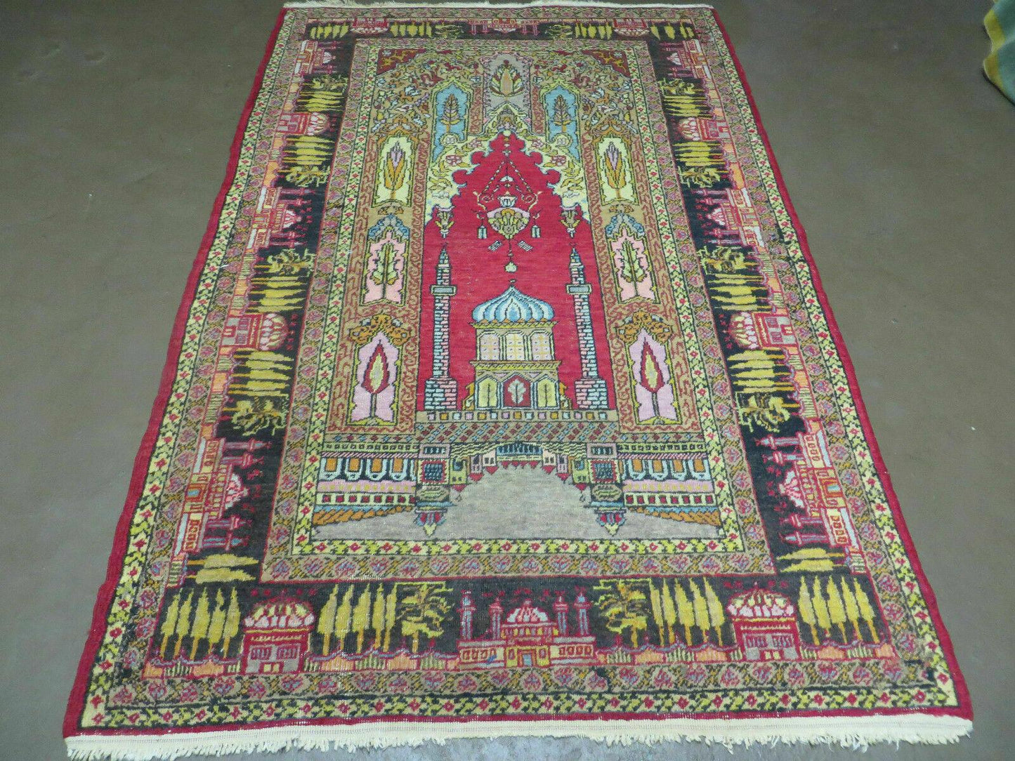 4' X 6' Antique 1920s Handmade Turkish Mehrab Design Wool Rug Lantern Beautiful