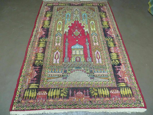 4' X 6' Antique 1920s Handmade Turkish Mehrab Design Wool Rug Lantern Beautiful