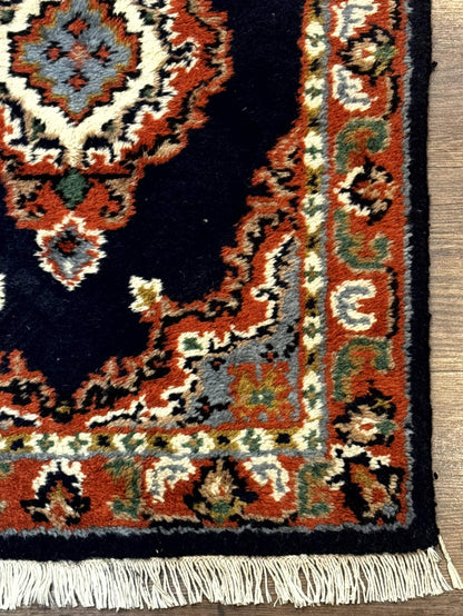 Small Indo Persian Rug 2x3, Navy Blue & Terracotta, Wool, Handmade