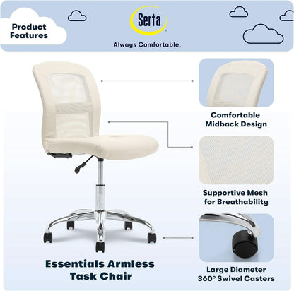 Armless Desk Chair With Mesh Back And Wheels Cream White