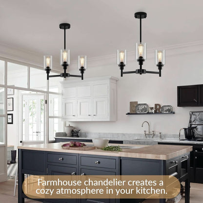 Three Light Black Glass Chandelier For Dining Room And Entryway With Glass Shade